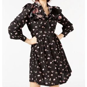 Jill Stuart Black Dress with Pink Floral Ruffle Collar L